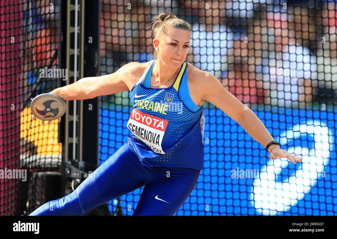 Ukraine's Natalia Semenova competes in the Women's Discus Throw Qualifying during day eight of the 2017 IAAF World Championships at the London Stadium Stock Photo