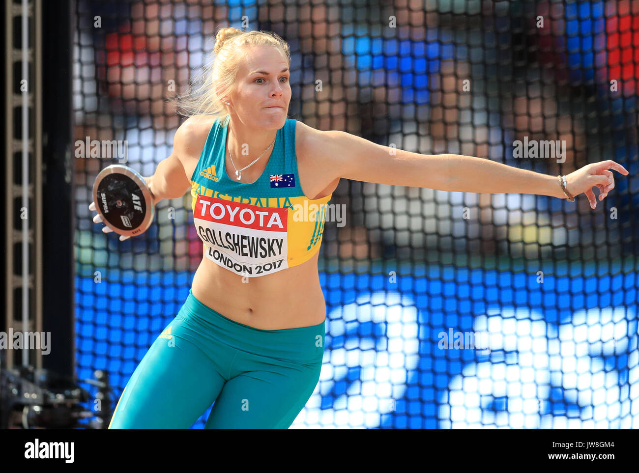 Australia's Taryn Gollshewsky competes in the Women's Discus Throw Qualifying during day eight of the 2017 IAAF World Championships at the London Stadium Stock Photo