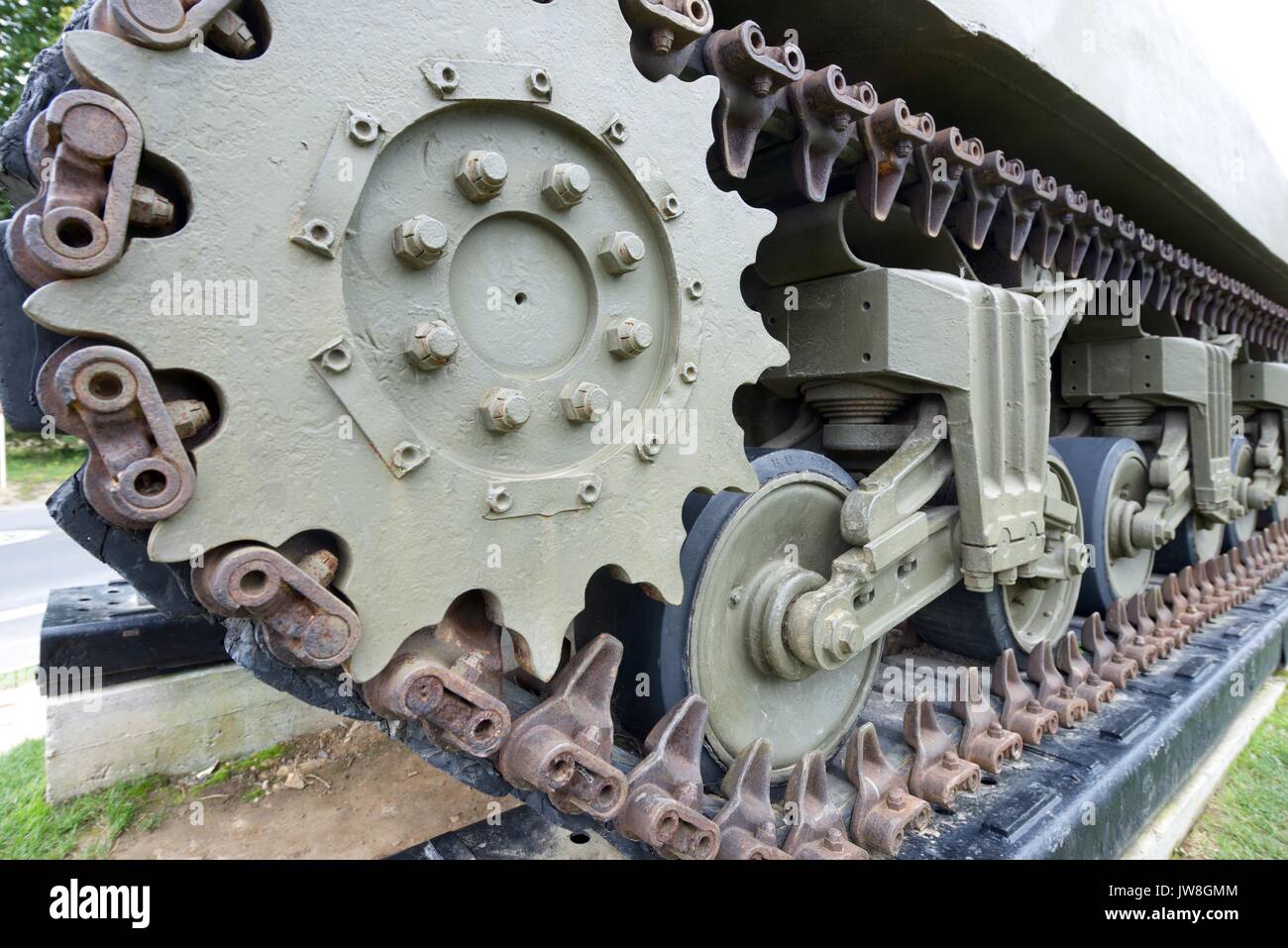 Close-up of tracks of a M4A1 Sherman tank in Overlord Museum Omaha Beach, Normandy, France. Stock Photo
