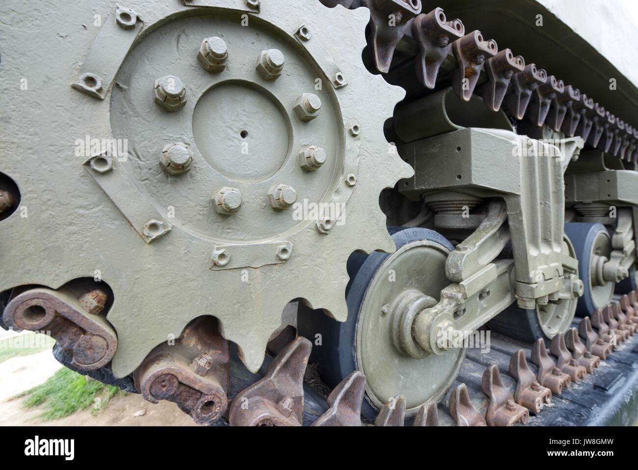 Close-up of tracks of a M4A1 Sherman tank in Overlord Museum Omaha Beach, Normandy, France. Stock Photo