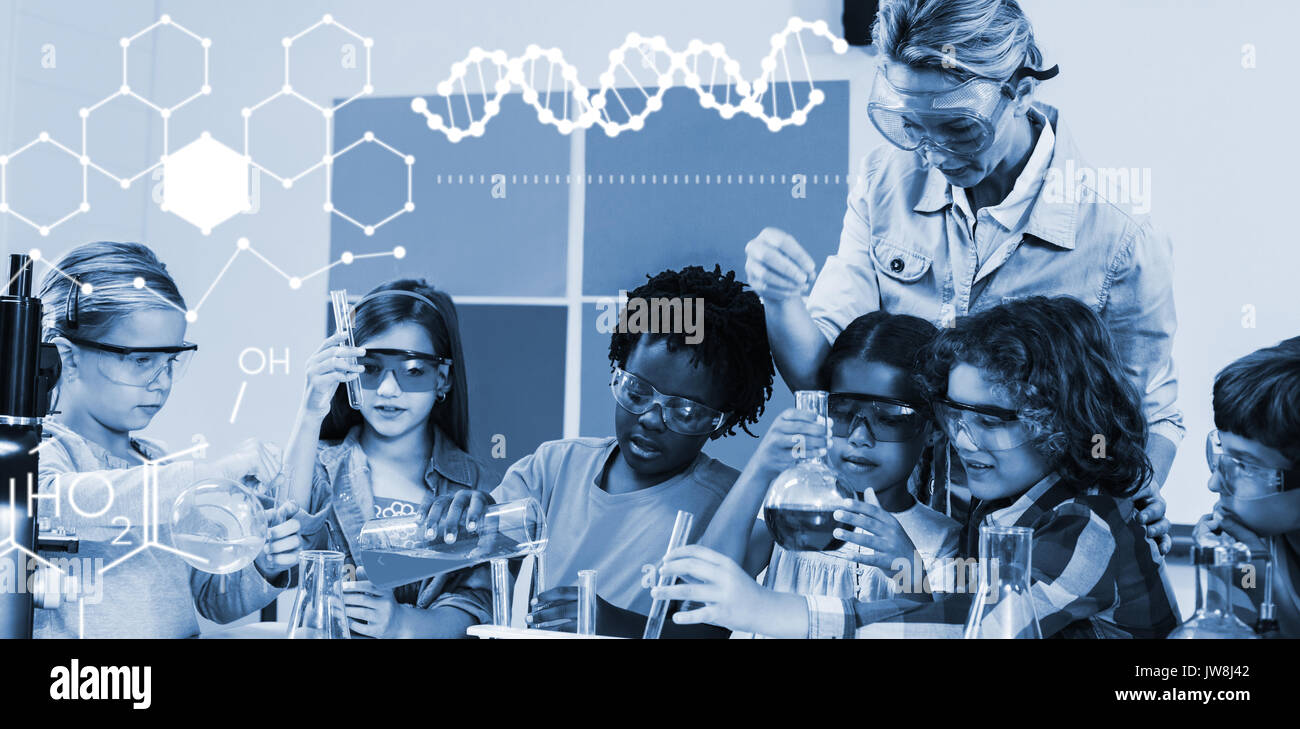 Illustration of chemical structure against teacher assisting kids in laboratory Stock Photo