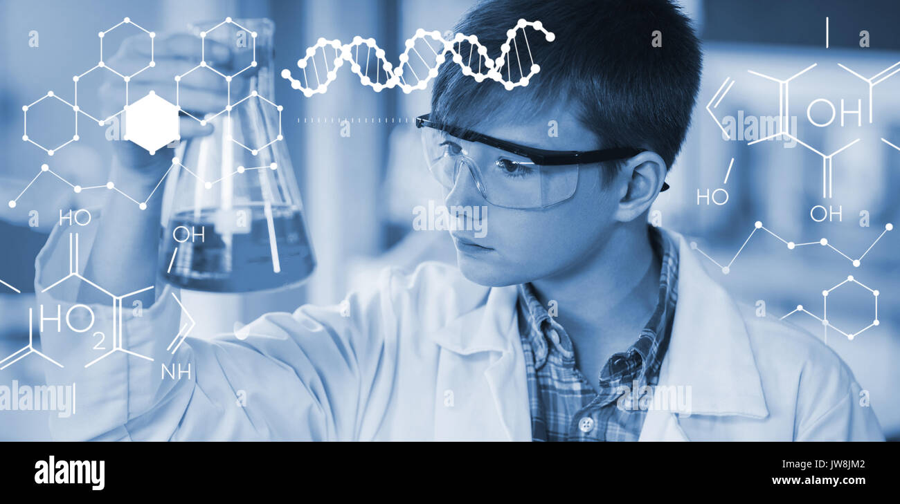 Illustration of chemical structure against attentive schoolboy doing a ...