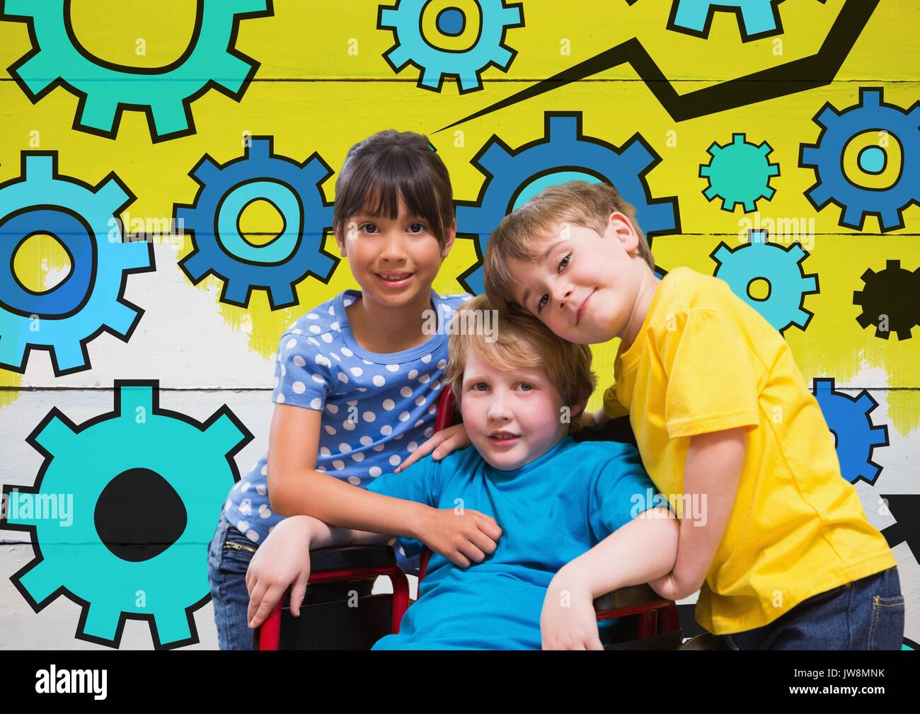 Digital composite of Disabled boy in wheelchair with friends and colorful settings cog gears Stock Photo