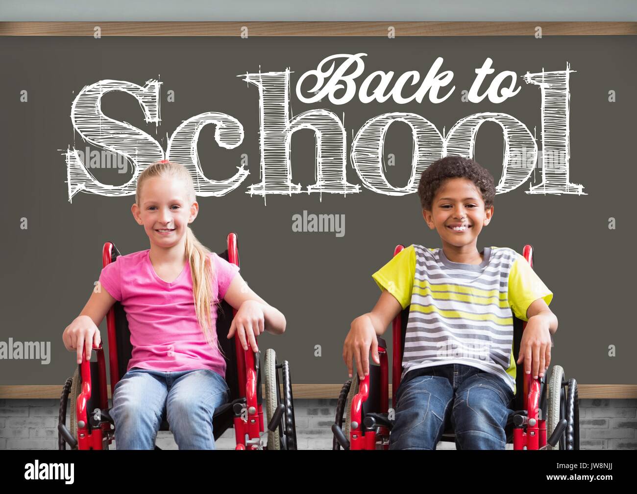 Digital composite of Back to school text on blackboard with disabled boy and girl in wheelchairs Stock Photo