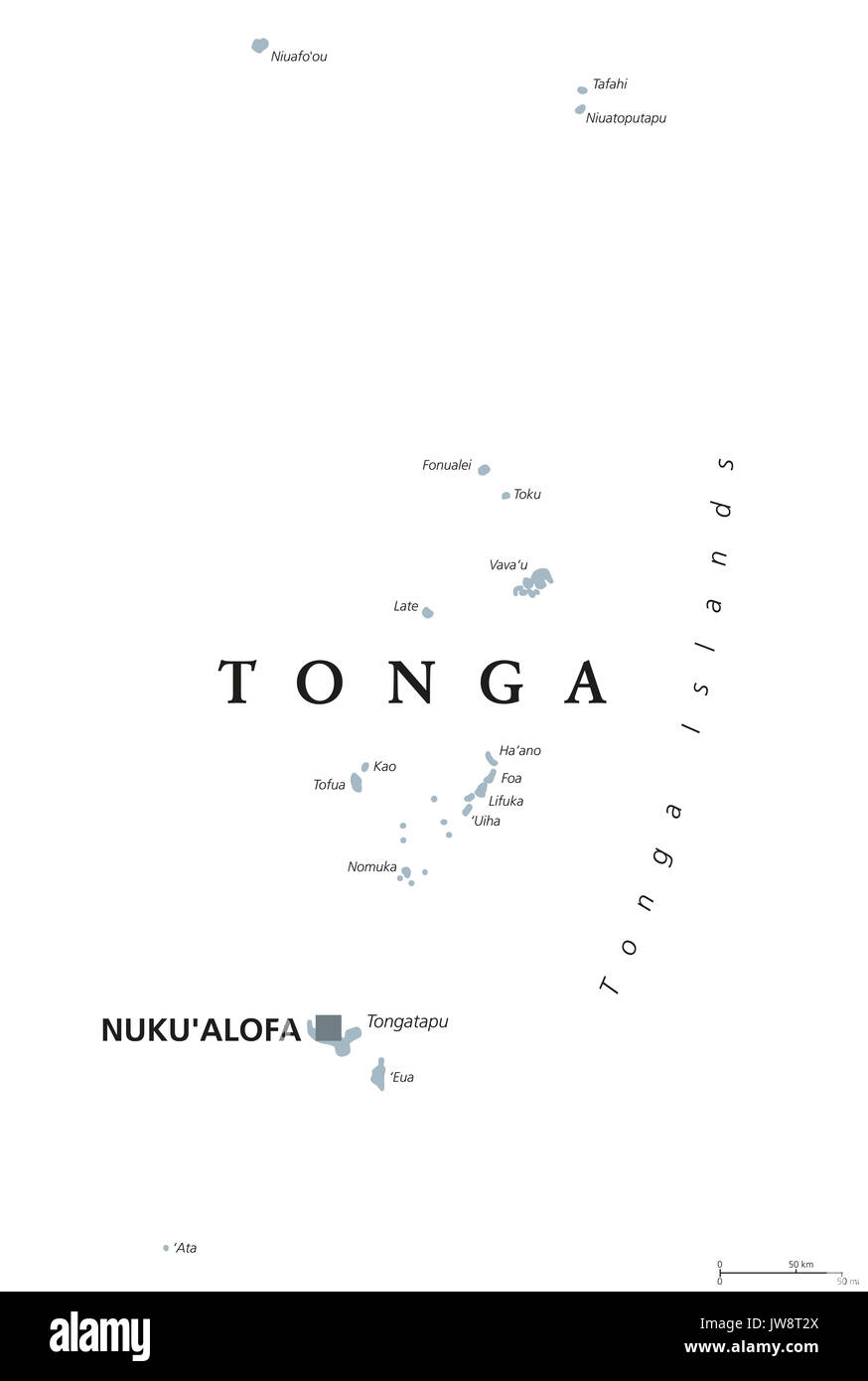 Tonga political map with capital Nukualofa and English labeling. Kingdom, Polynesian sovereign 