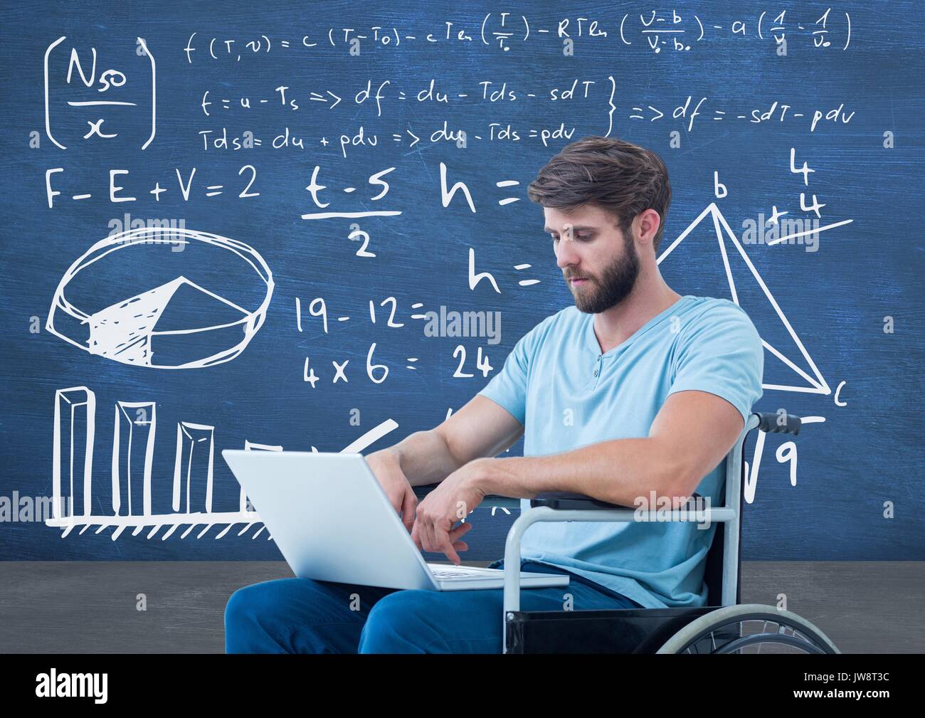 Digital composite of Disabled man in wheelchair in front of blackboard with math equations Stock Photo