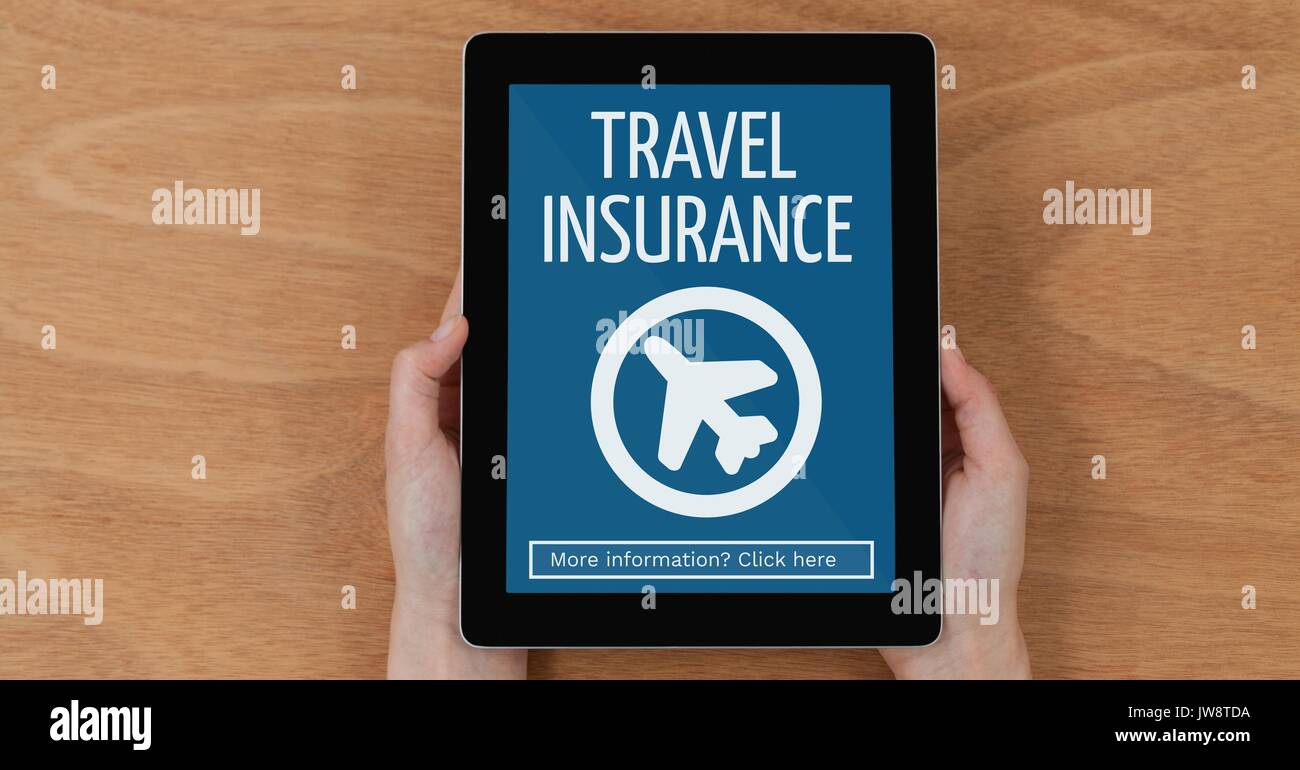 Digital composite of Person holding a tablet with travel insurance ...