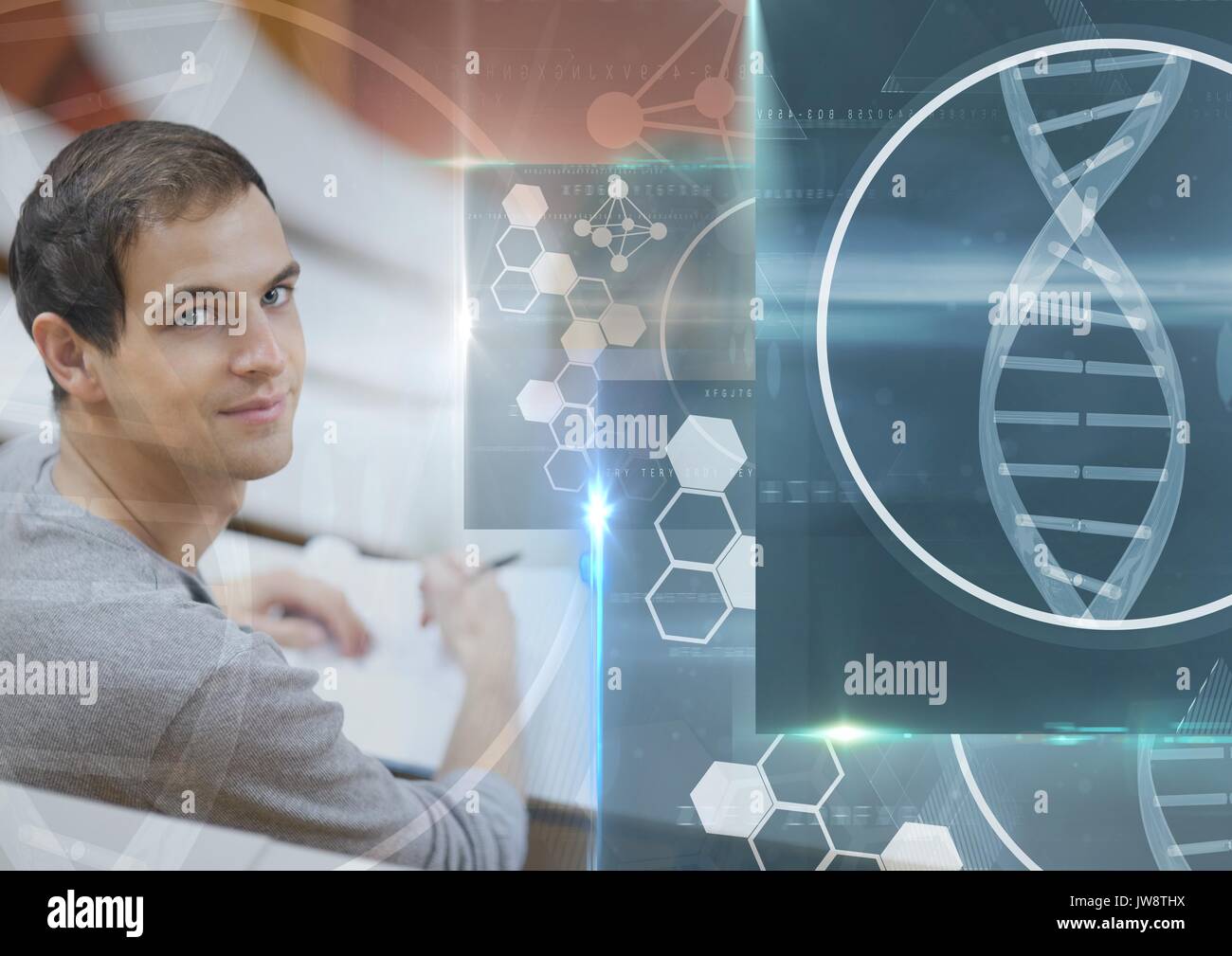 Digital composite of Male Student studying with notes and science education interface graphics