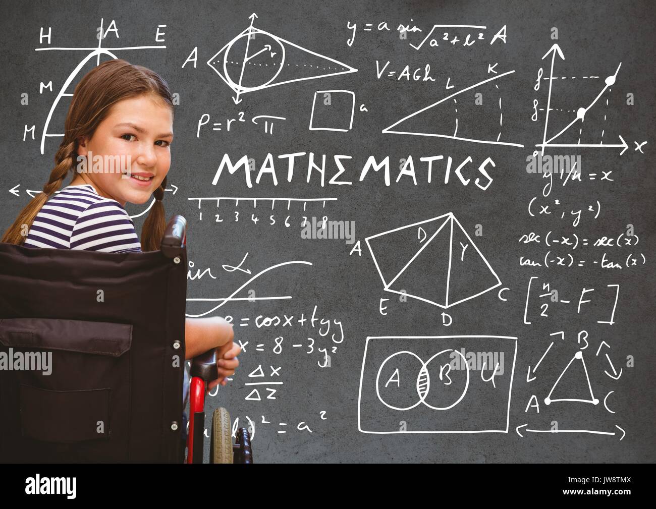 Digital composite of Disabled girl in wheelchair in front of blackboard ...
