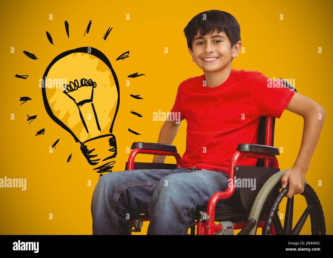 Digital composite of Disabled boy in wheelchair with light bulb Stock Photo