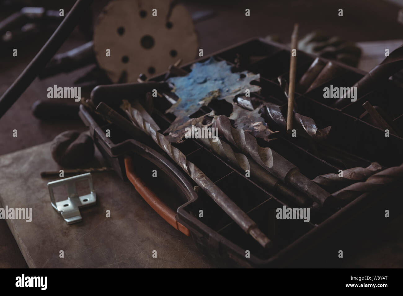 Various tools in box at workshop Stock Photo