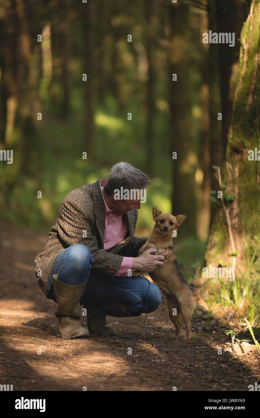 Mature man with his pet dog in forest Stock Photo - Alamy