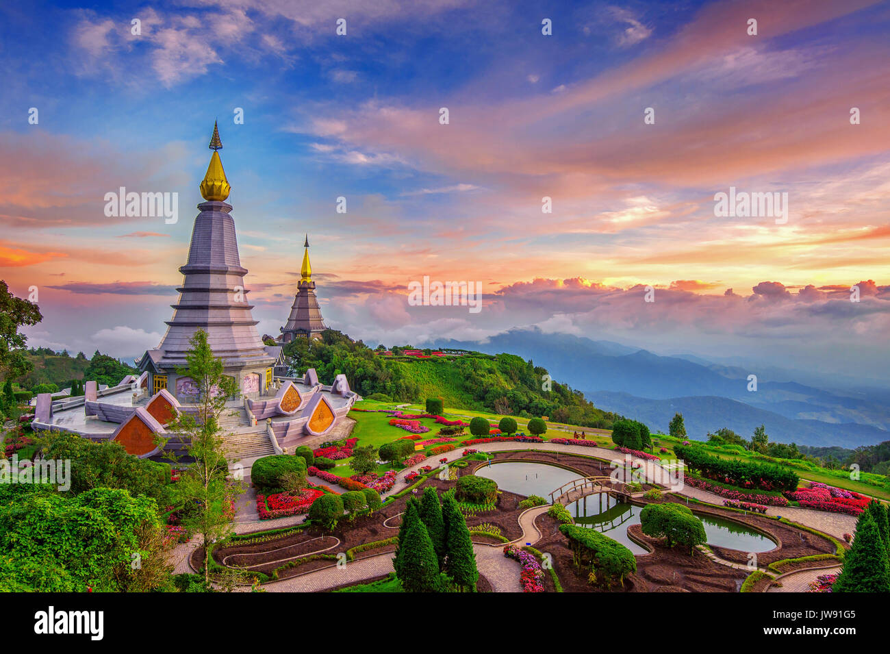 The best of landscape in Chiang mai. Pagodas Noppamethanedol & Noppapol Phumsiri at sunset in Inthanon mountain, Thailand. Stock Photo