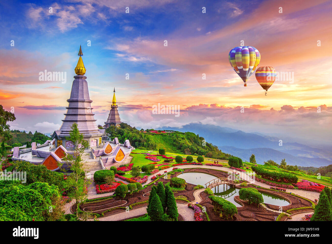 Landmark pagoda in doi Inthanon national park with Balloon at Chiang mai, Thailand. Stock Photo