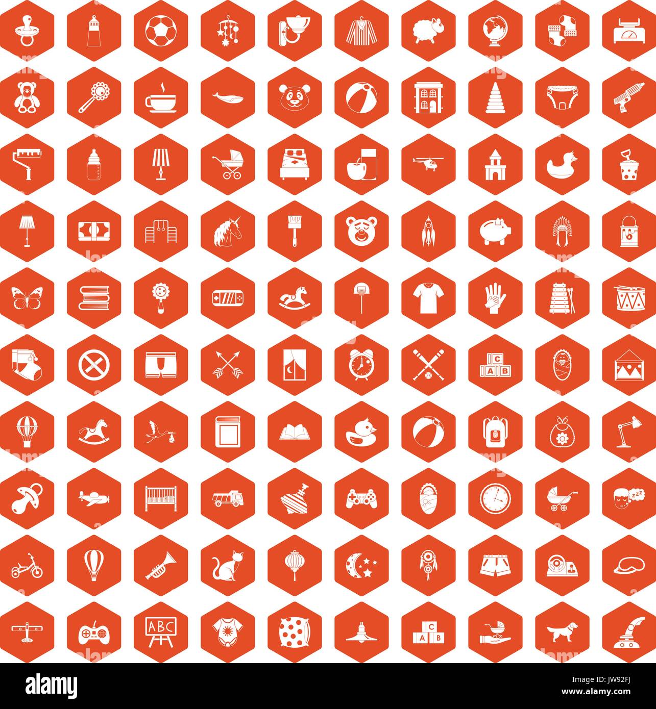 100 nursery icons hexagon orange Stock Vector