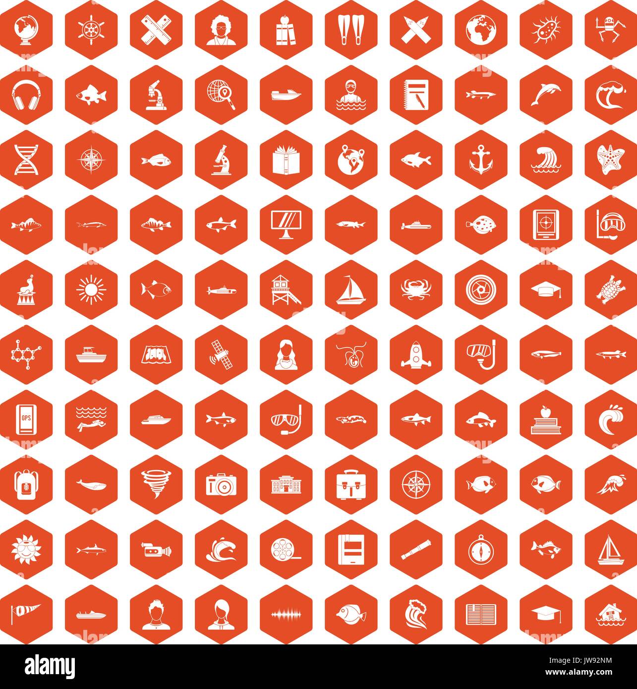 100 oceanologist icons hexagon orange Stock Vector