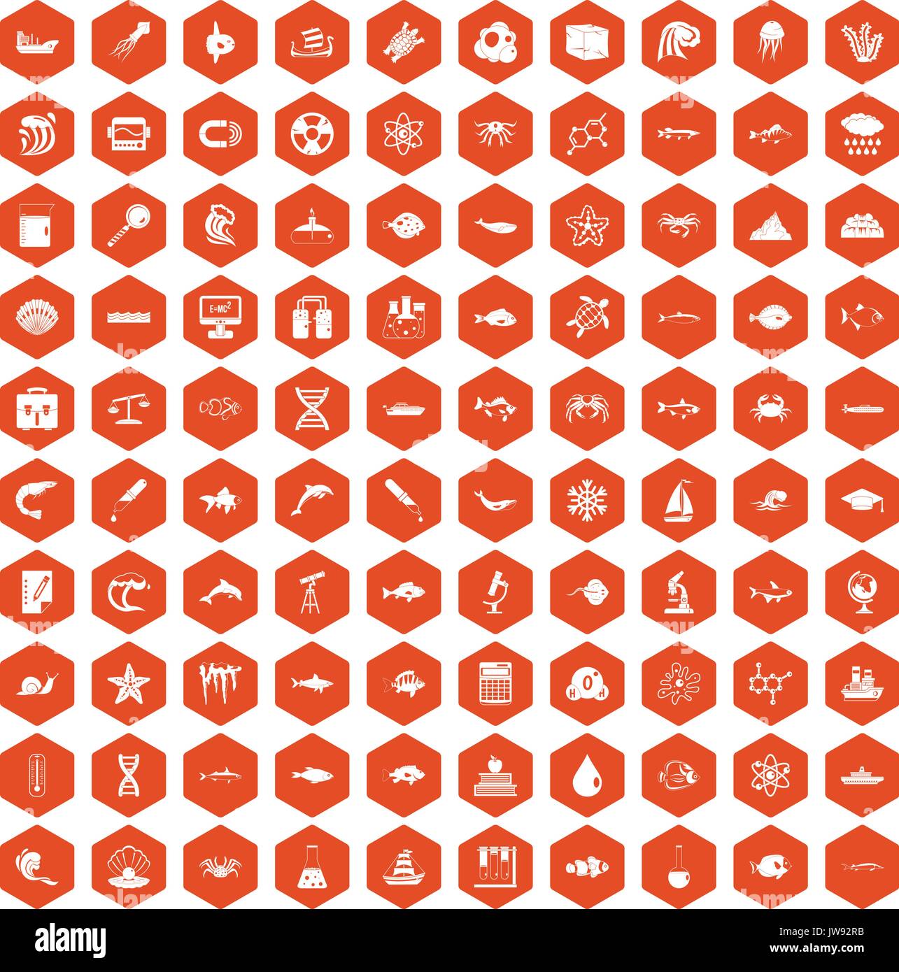 100 oceanology icons hexagon orange Stock Vector