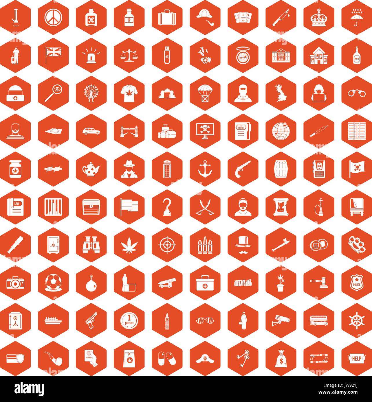 100 offence icons hexagon orange Stock Vector