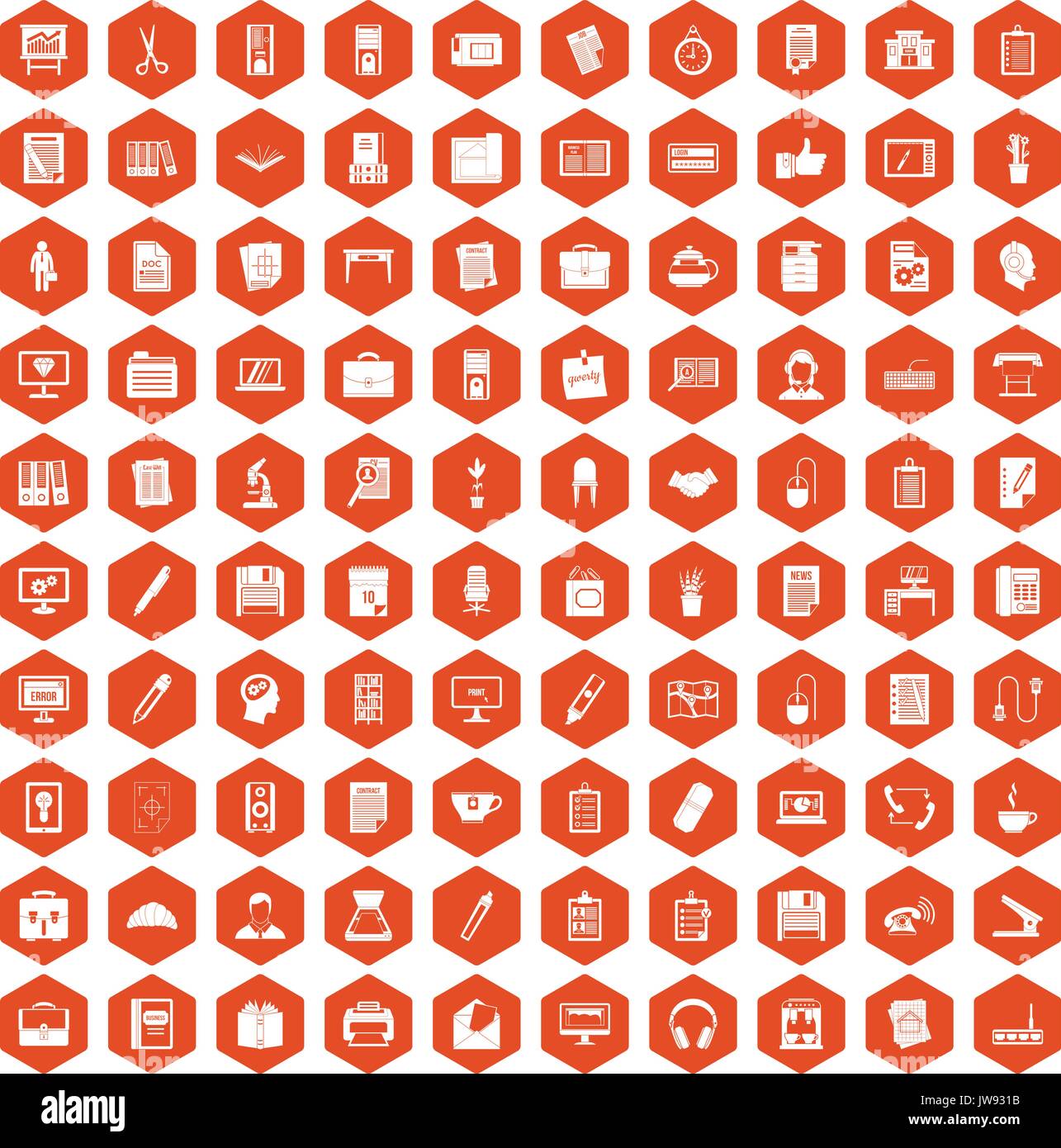 100 office icons hexagon orange Stock Vector
