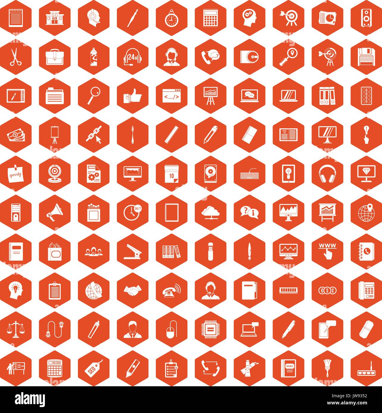 100 office work icons hexagon orange Stock Vector