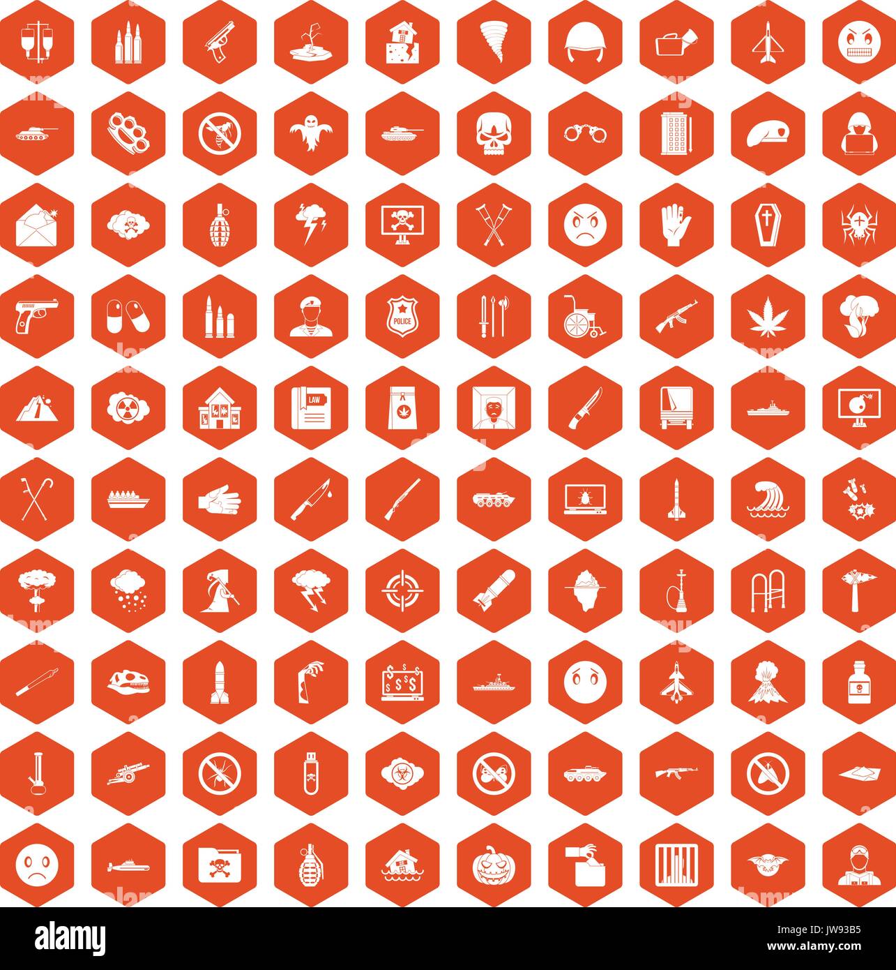 100 oppression icons hexagon orange Stock Vector