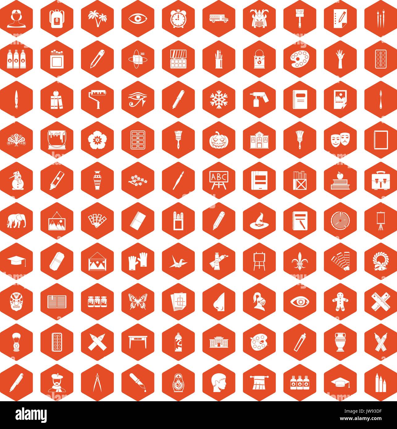 100 paint school icons hexagon orange Stock Vector