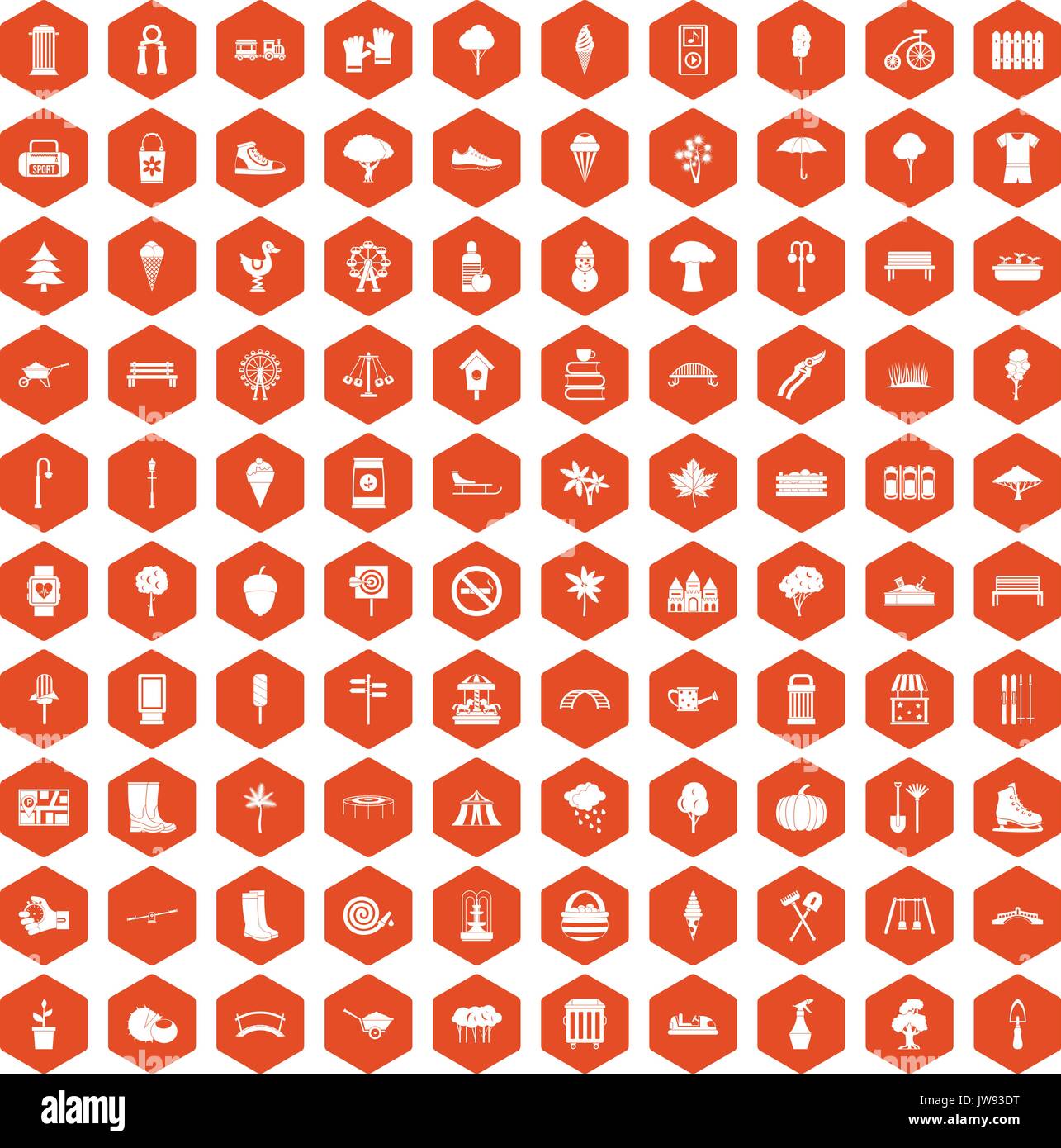 100 park icons hexagon orange Stock Vector
