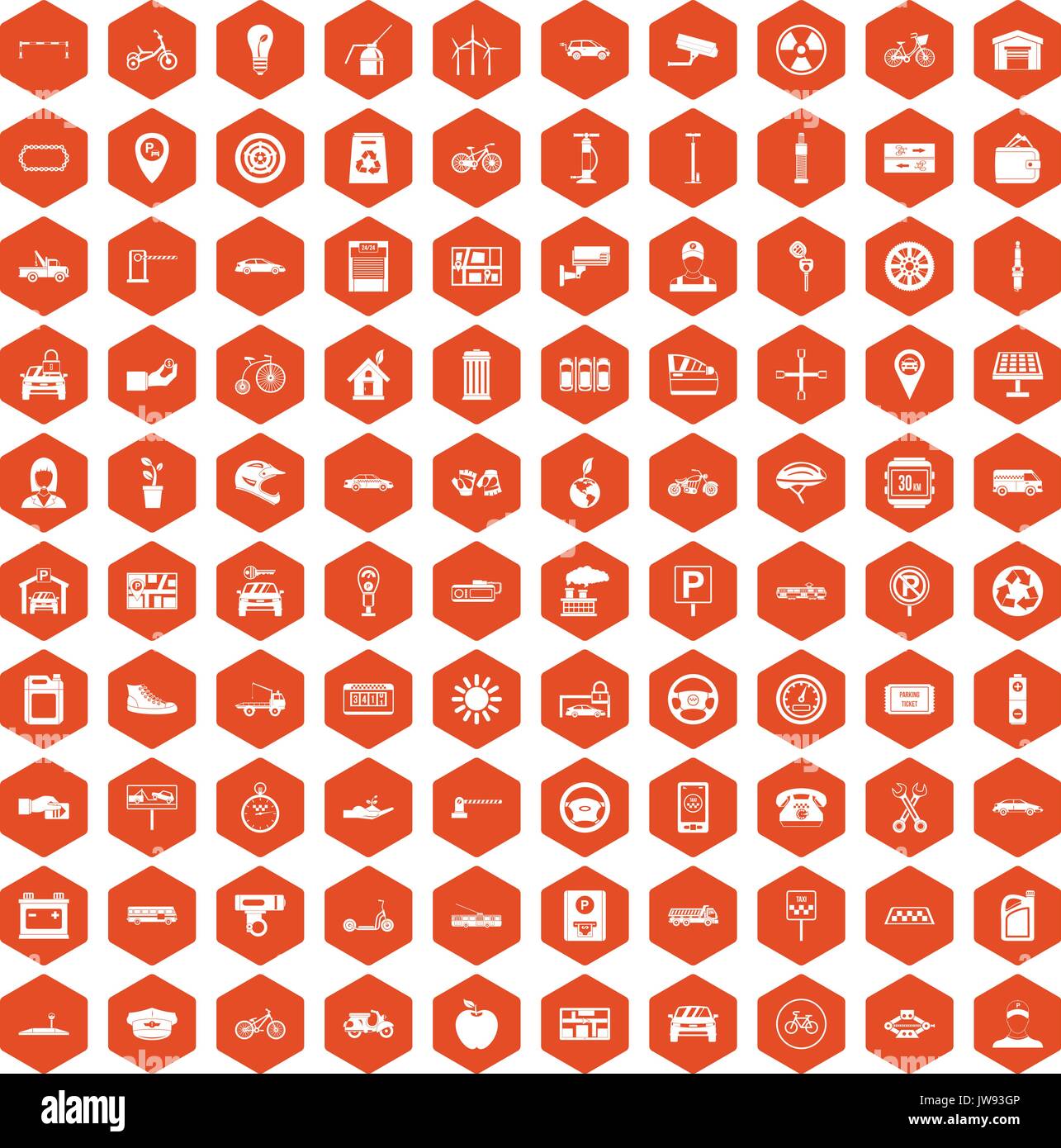 100 parking icons hexagon orange Stock Vector