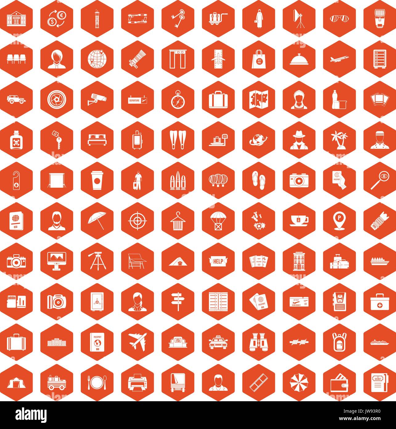 100 passport icons hexagon orange Stock Vector
