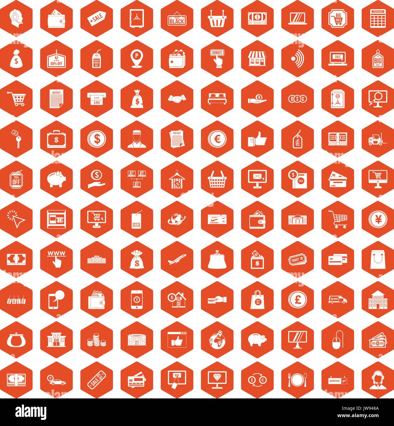 100 payment icons hexagon orange Stock Vector