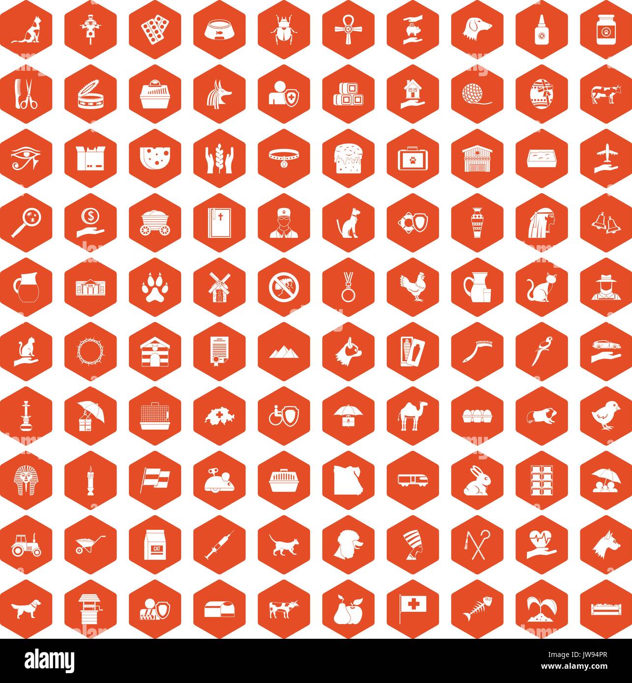 100 pets icons hexagon orange Stock Vector