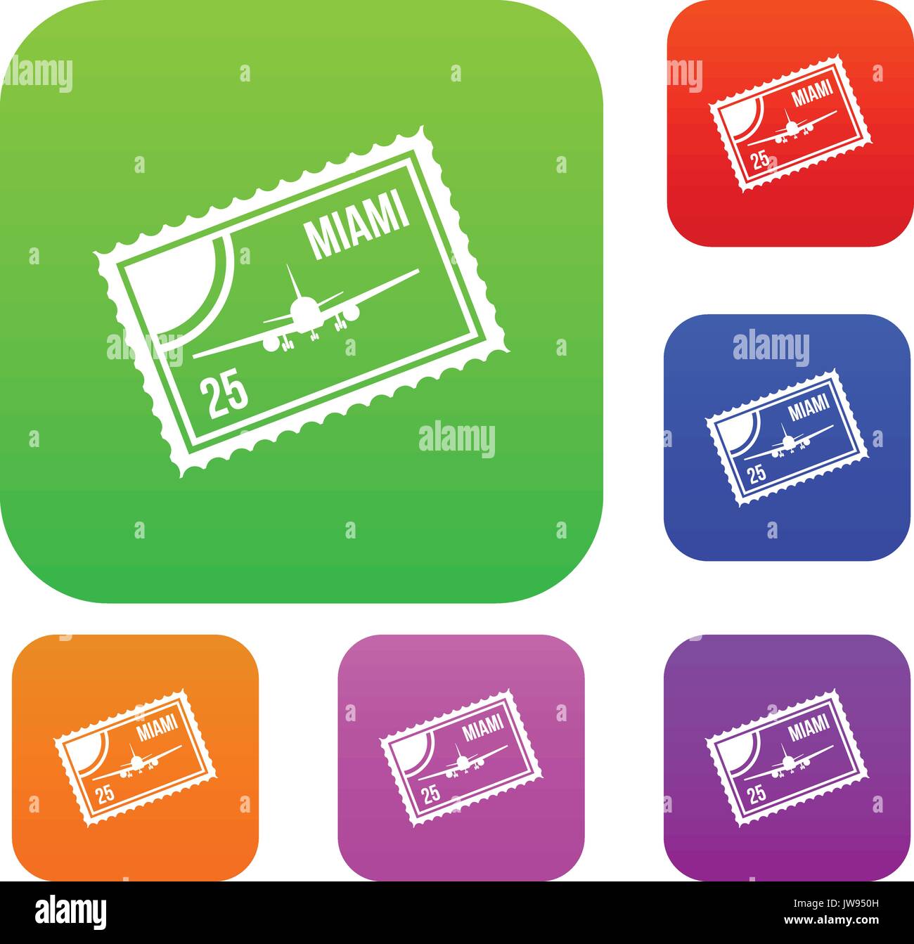 Stamp with plane and text Miami inside set collection Stock Vector