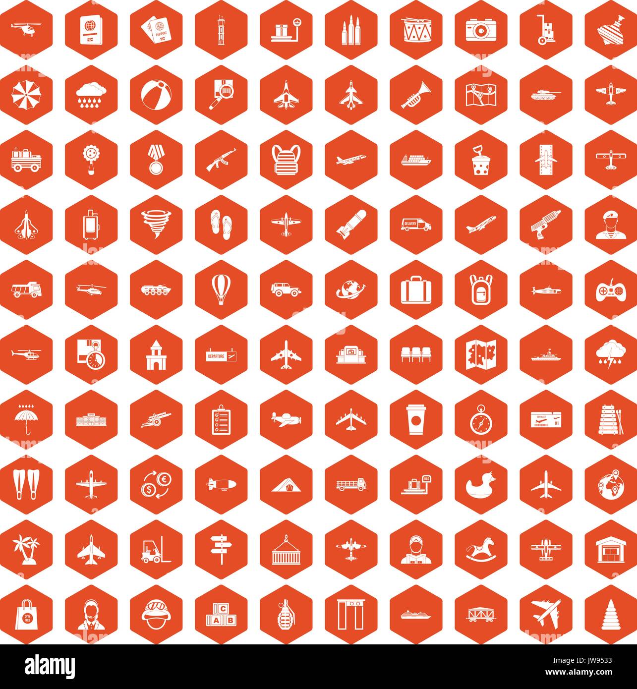 100 plane icons hexagon orange Stock Vector