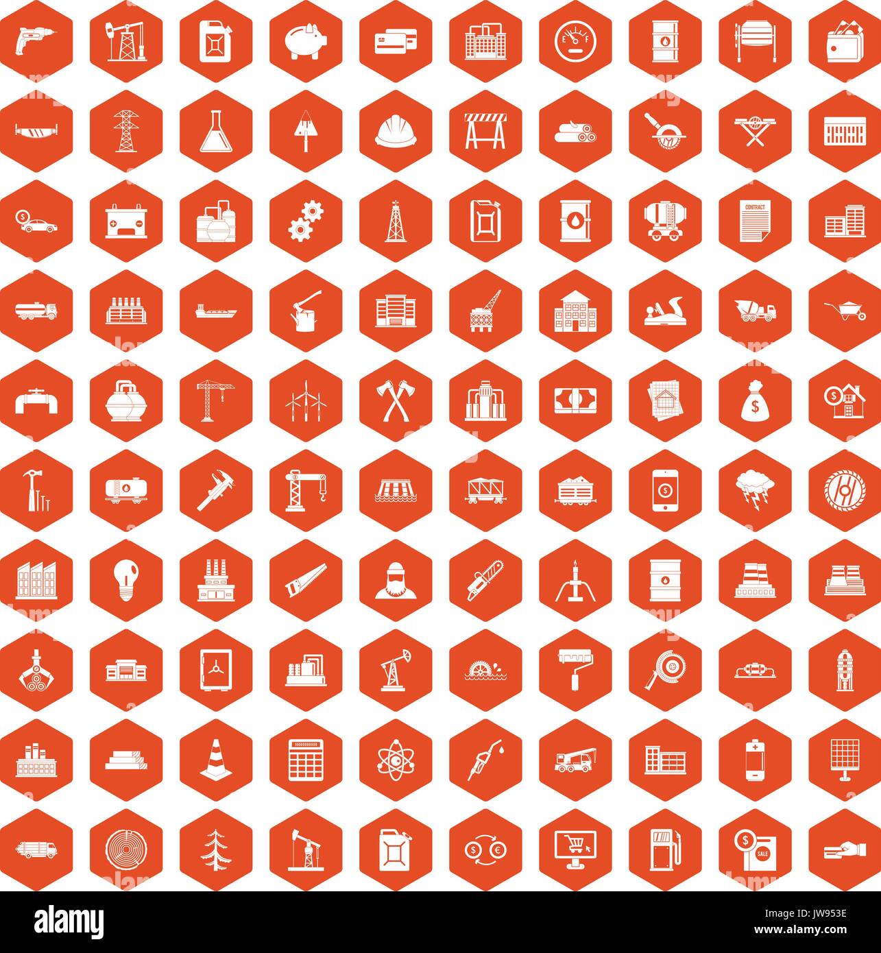 100 plant icons hexagon orange Stock Vector