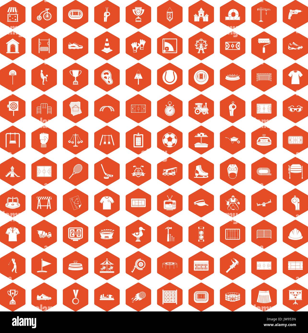 100 playground icons hexagon orange Stock Vector