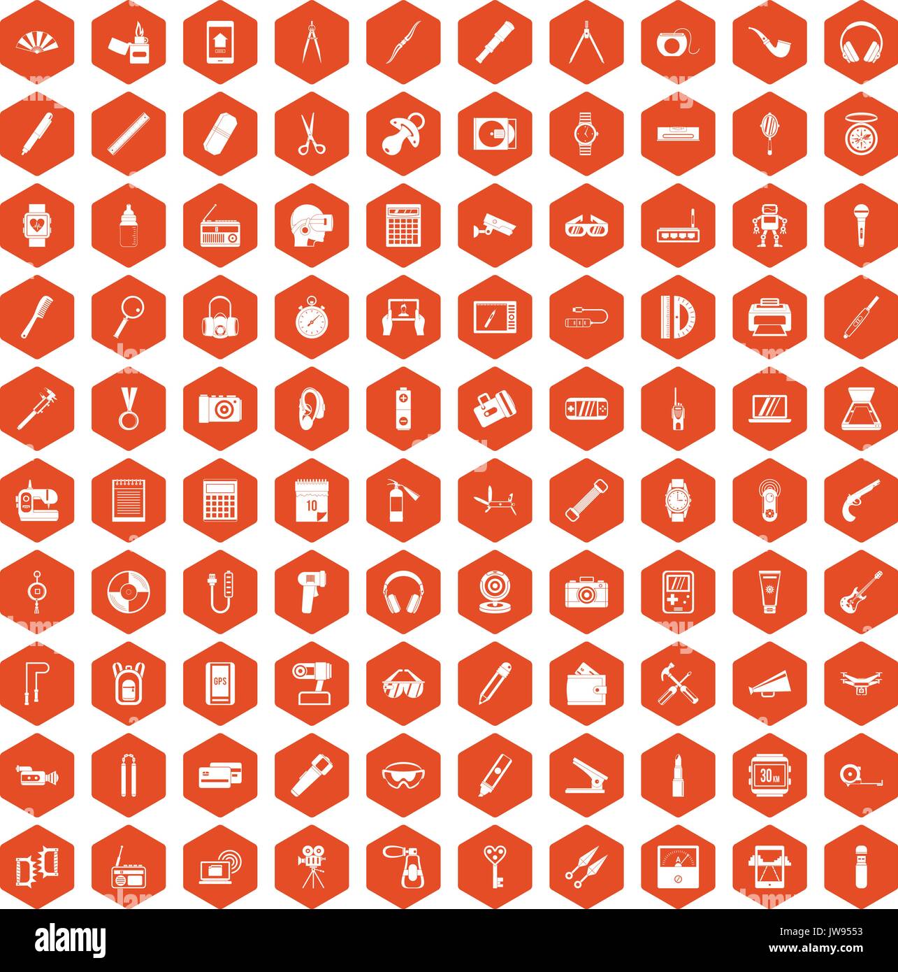 100 portable icons hexagon orange Stock Vector