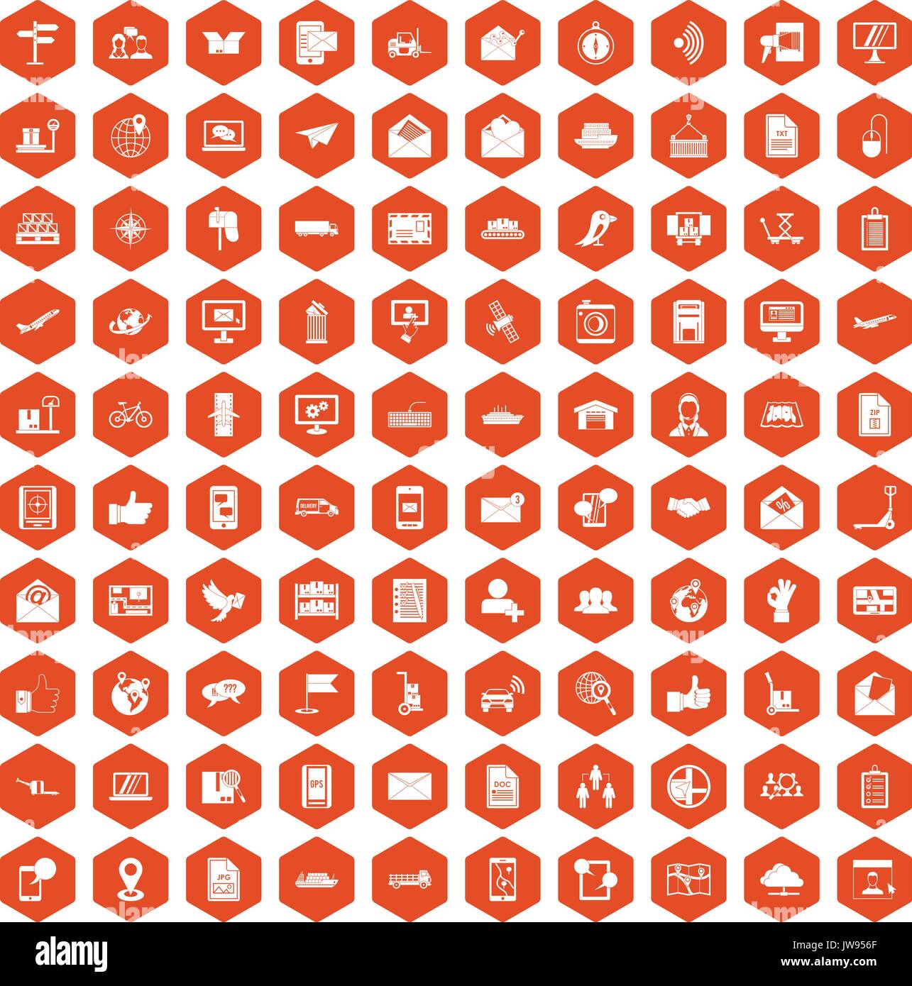 100 post and mail icons hexagon orange Stock Vector