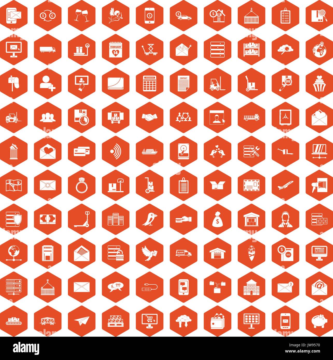 100 postal service icons hexagon orange Stock Vector