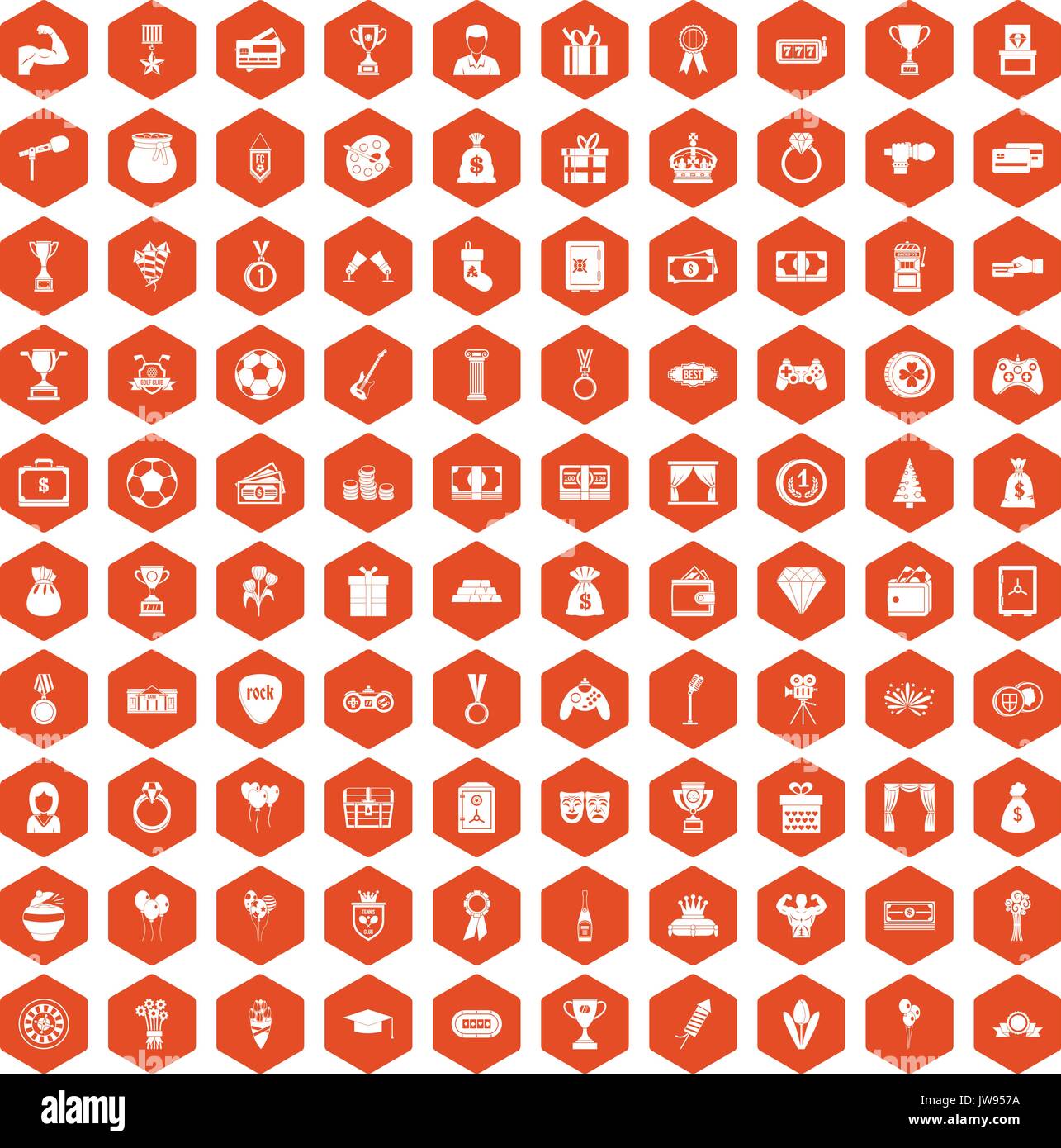 100 premium icons hexagon orange Stock Vector