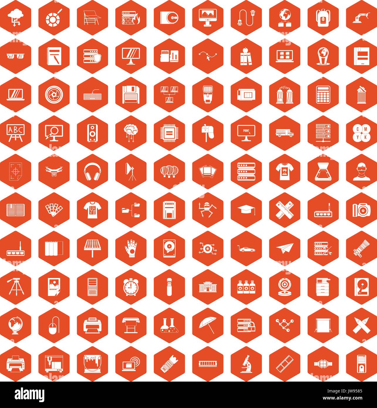 100 printer icons hexagon orange Stock Vector