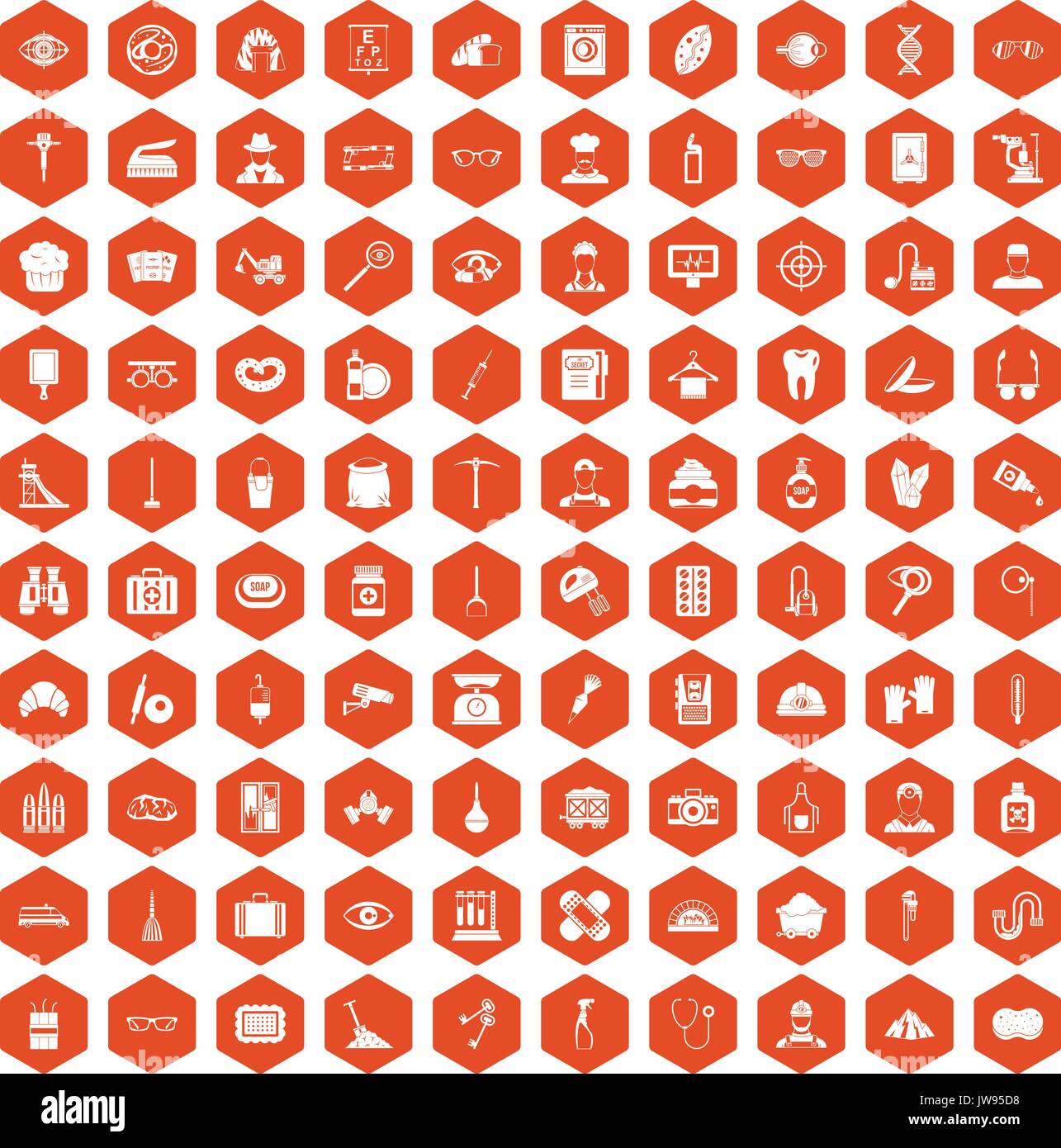 100 profession icons hexagon orange Stock Vector