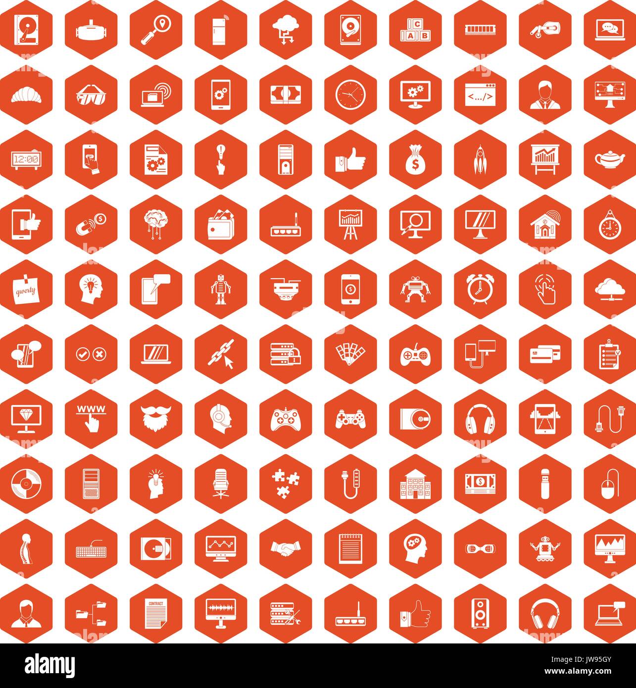 100 programmer icons hexagon orange Stock Vector