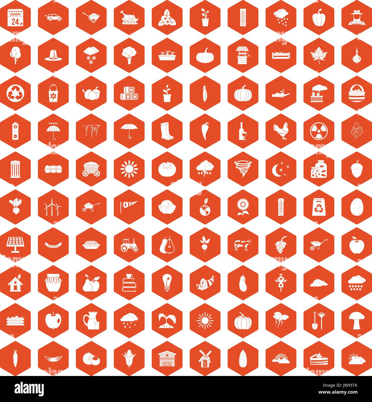 100 pumpkin icons hexagon orange Stock Vector