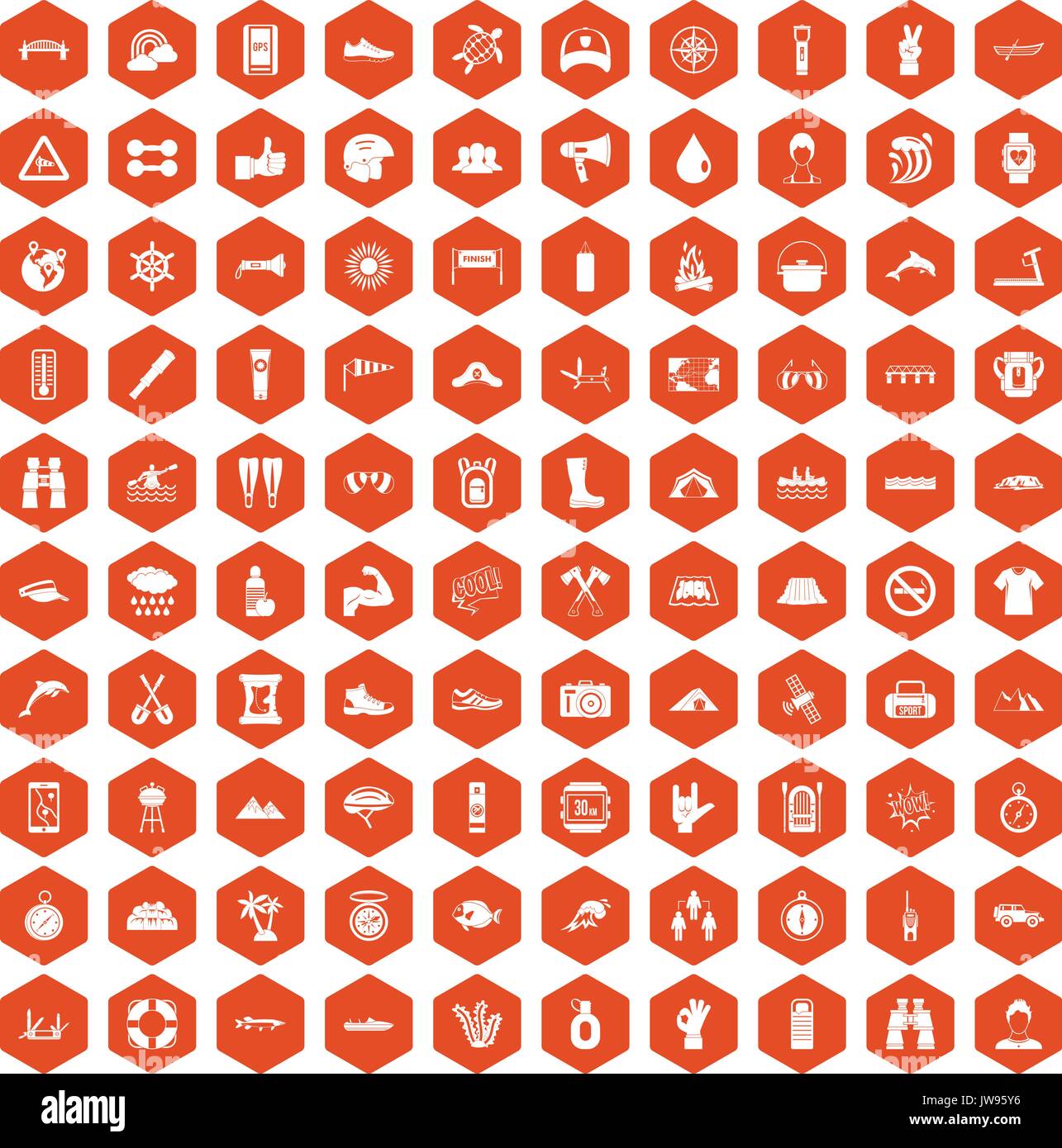 100 rafting icons hexagon orange Stock Vector