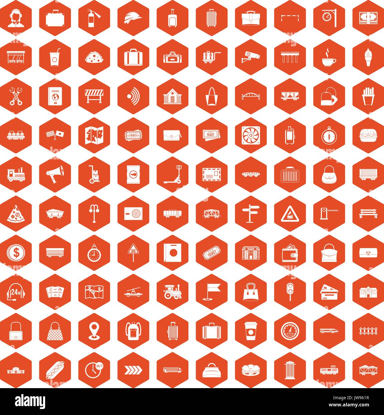 100 railway icons hexagon orange Stock Vector