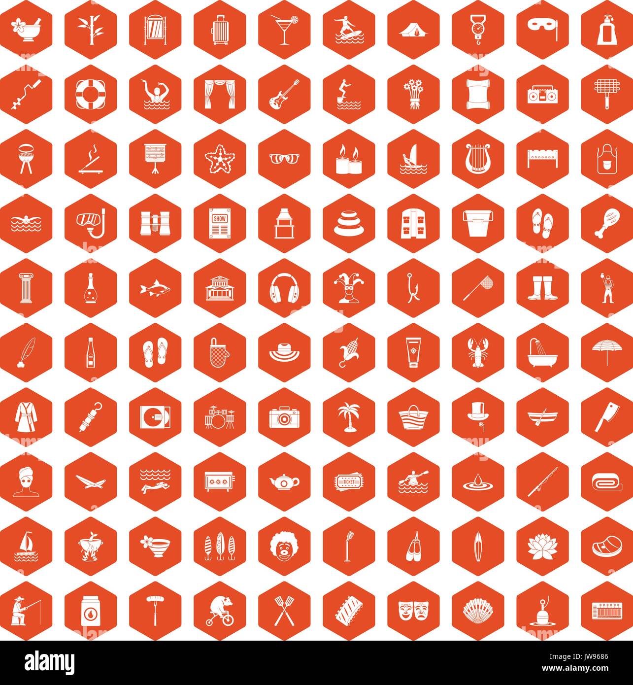 100 recreation icons hexagon orange Stock Vector