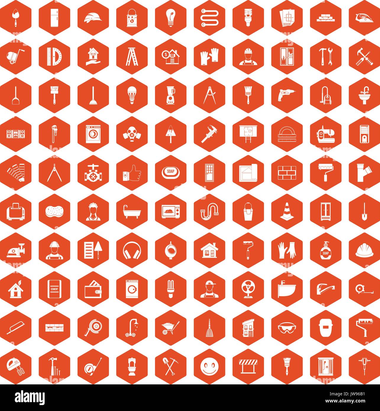 100 renovation icons hexagon orange Stock Vector