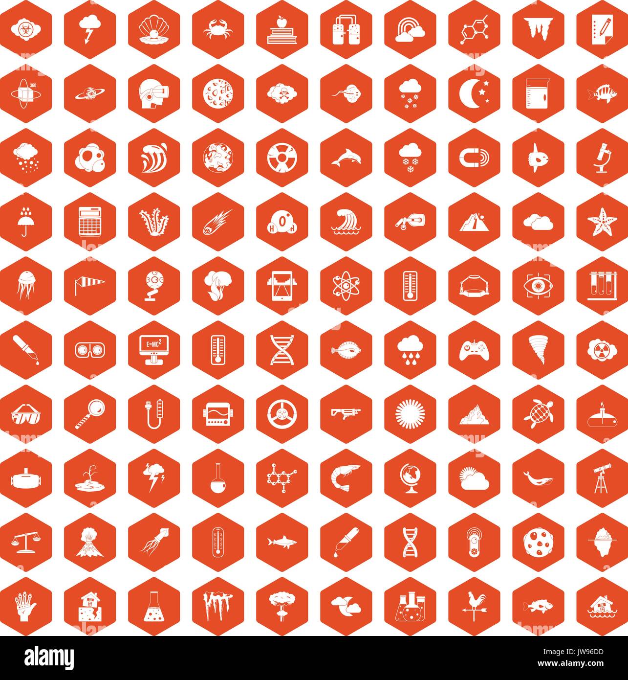 100 research icons hexagon orange Stock Vector