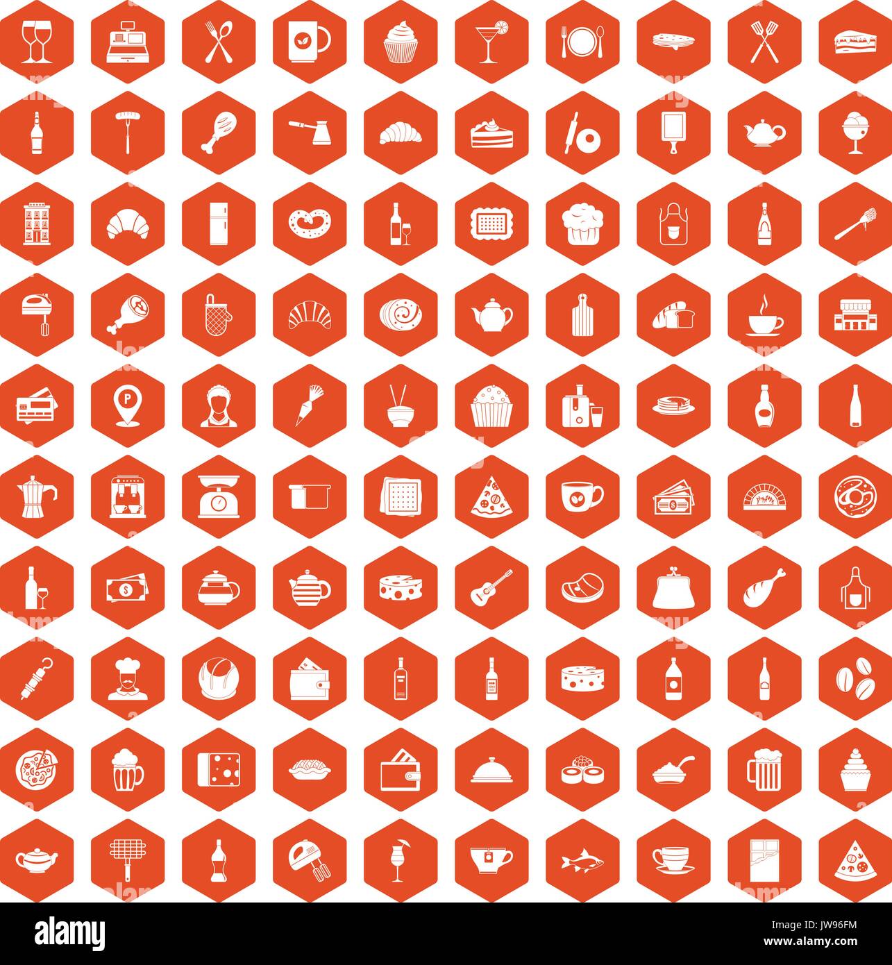 100 restaurant icons hexagon orange Stock Vector