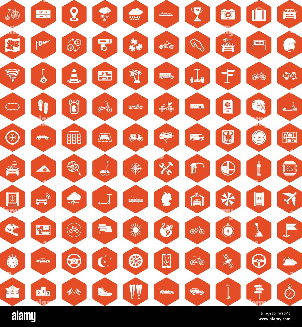 100 ride icons hexagon orange Stock Vector